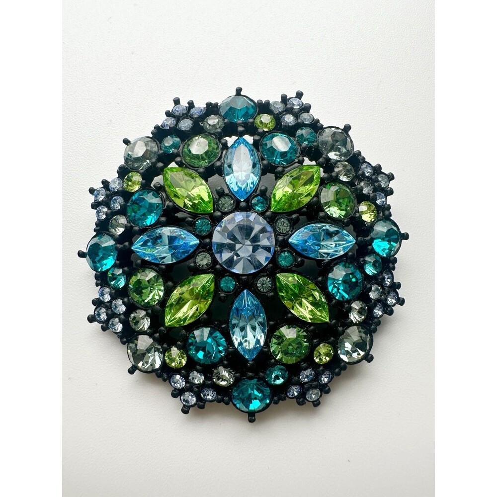 Green Blue Rhinestone Flower Pin Brooch